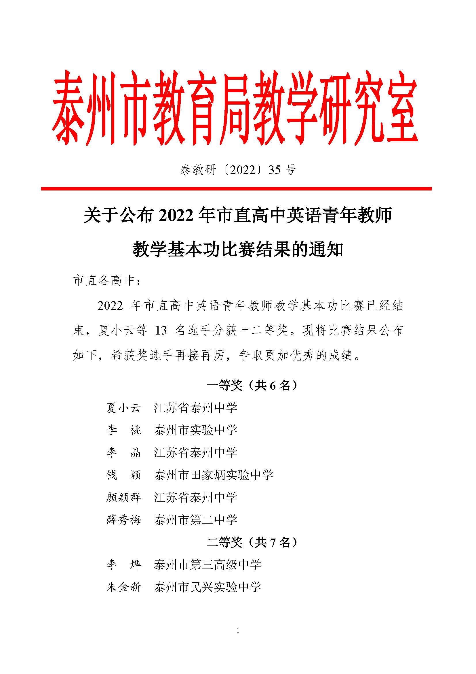 關于公布2022年市直高中英語青年教師教學基本功大賽比賽結果的通知_頁面_1.jpg